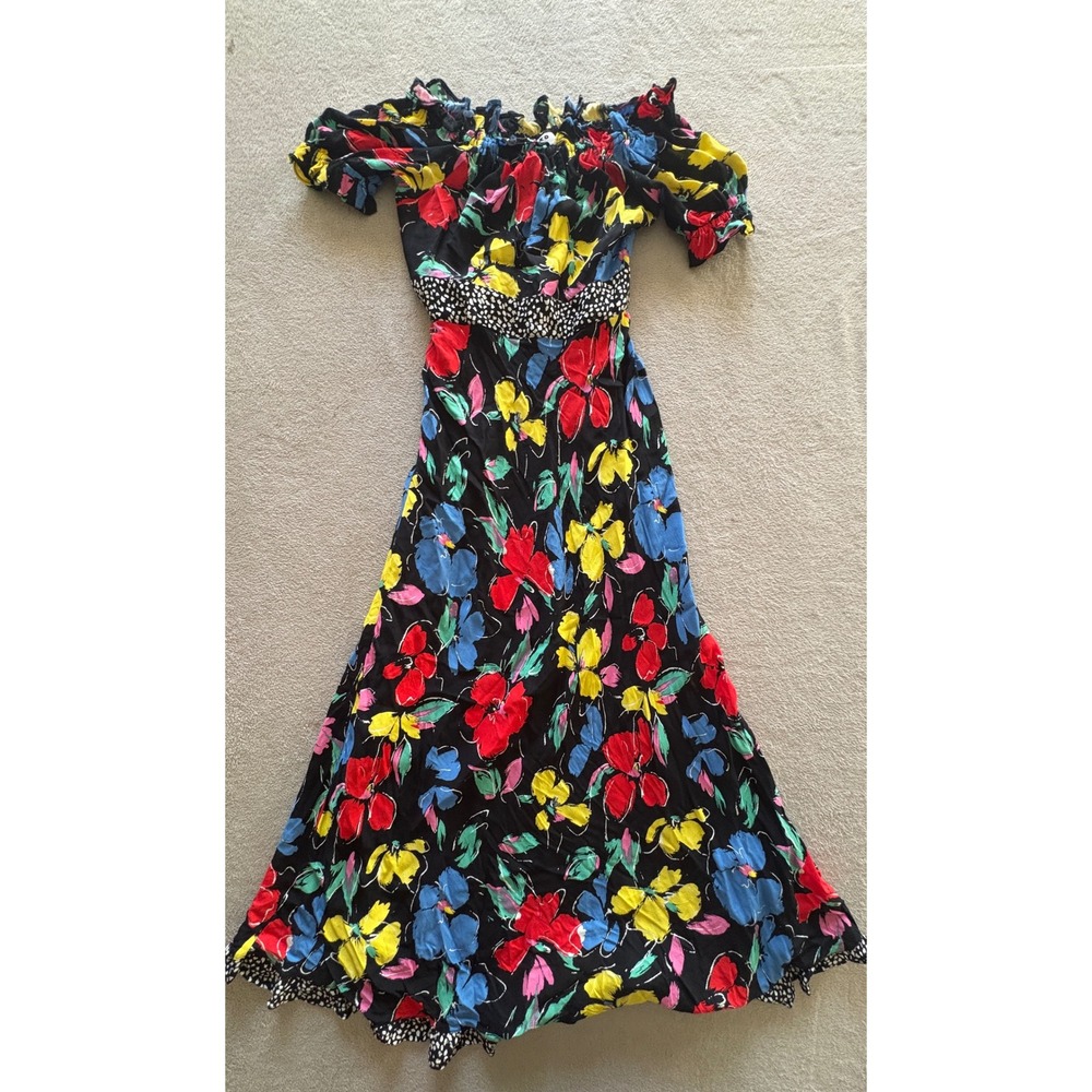 Rixo for Target Floral Maxi Dress Black Red Yellow Blue Polka Dot Size 4 Boho